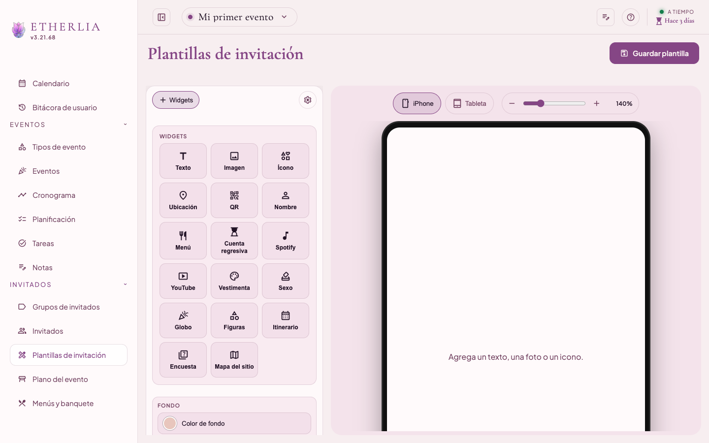 Editor de la invitación con los widgets