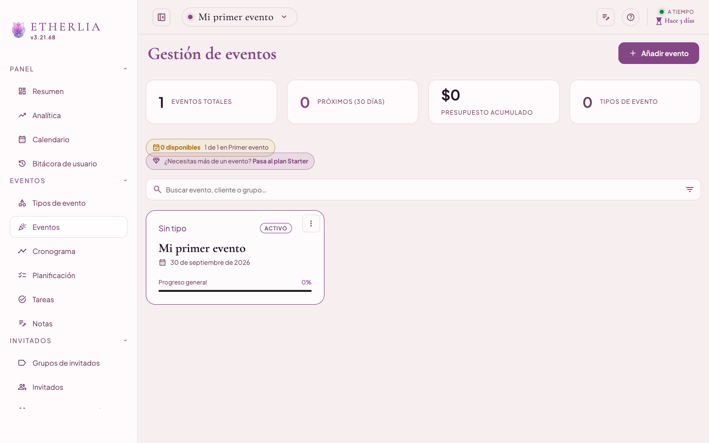 Pantalla para crear y ver eventos